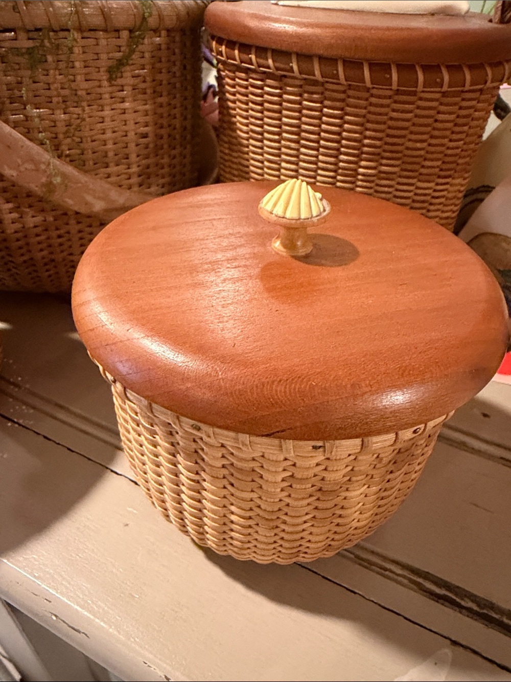 Nantucket basket hand woven signed with ivory shell top
